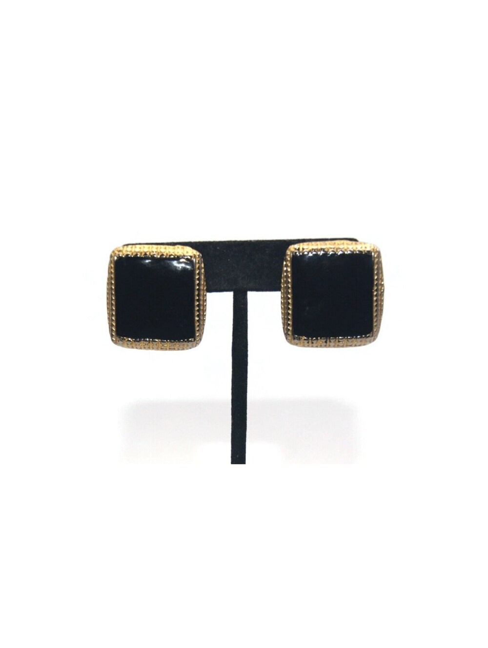 Vintage Gold Tone and Black Enamel Rectangular Clip on Earrings.